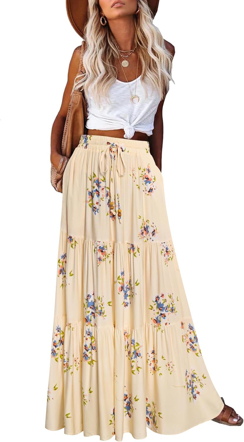 Manufacturer  HAEOF Women's Summer Boho Maxi Skirt A-Line Flowy Ruffle Tiered Elastic High Waist Beach Long Skirts with Pockets