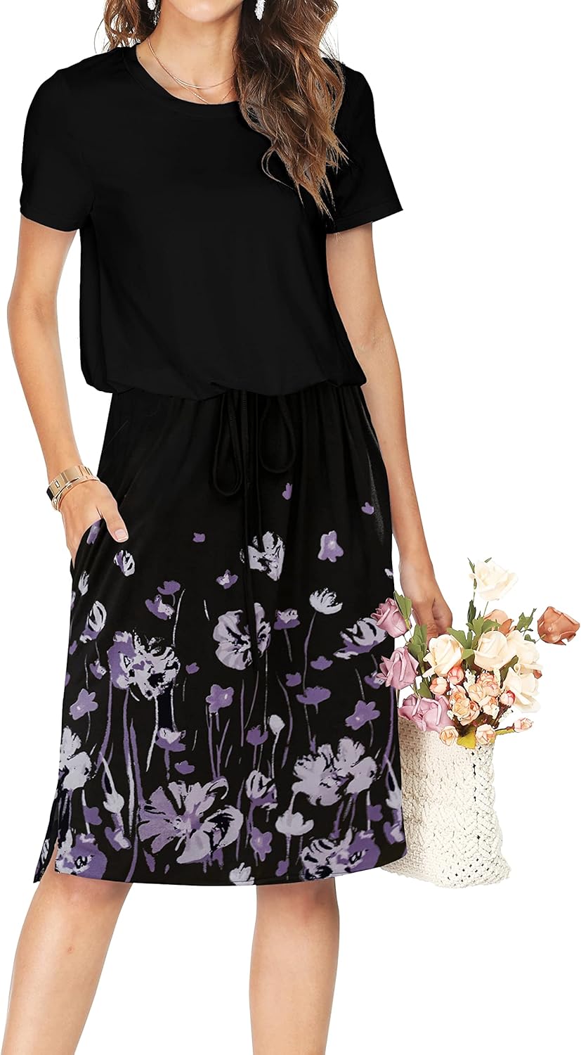 Manufacturer  Simier Fariry Womens Summer Hide Belly Knee Length Travel Dress Pocket Short Sleeve Midi Work Casual Teacher Outfit dresses