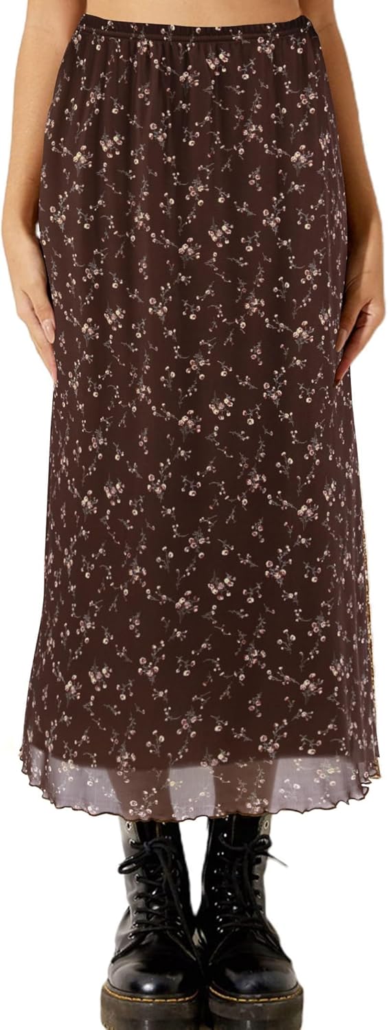 Manufacturer  Avanova Women Mesh Floral Boho High Waist Midi Skirt Lettuce Trim Summer A Line Skirts