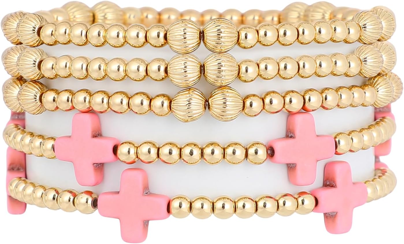 Manufacturer  Gold Beaded Bracelets for Women Trendy, 14K Gold Plated Stack Cross Pearl Gold Bead Stretch Bracelets Set Elastic Hypoallergenic Bracelets Jewelry Gifts  bracelets