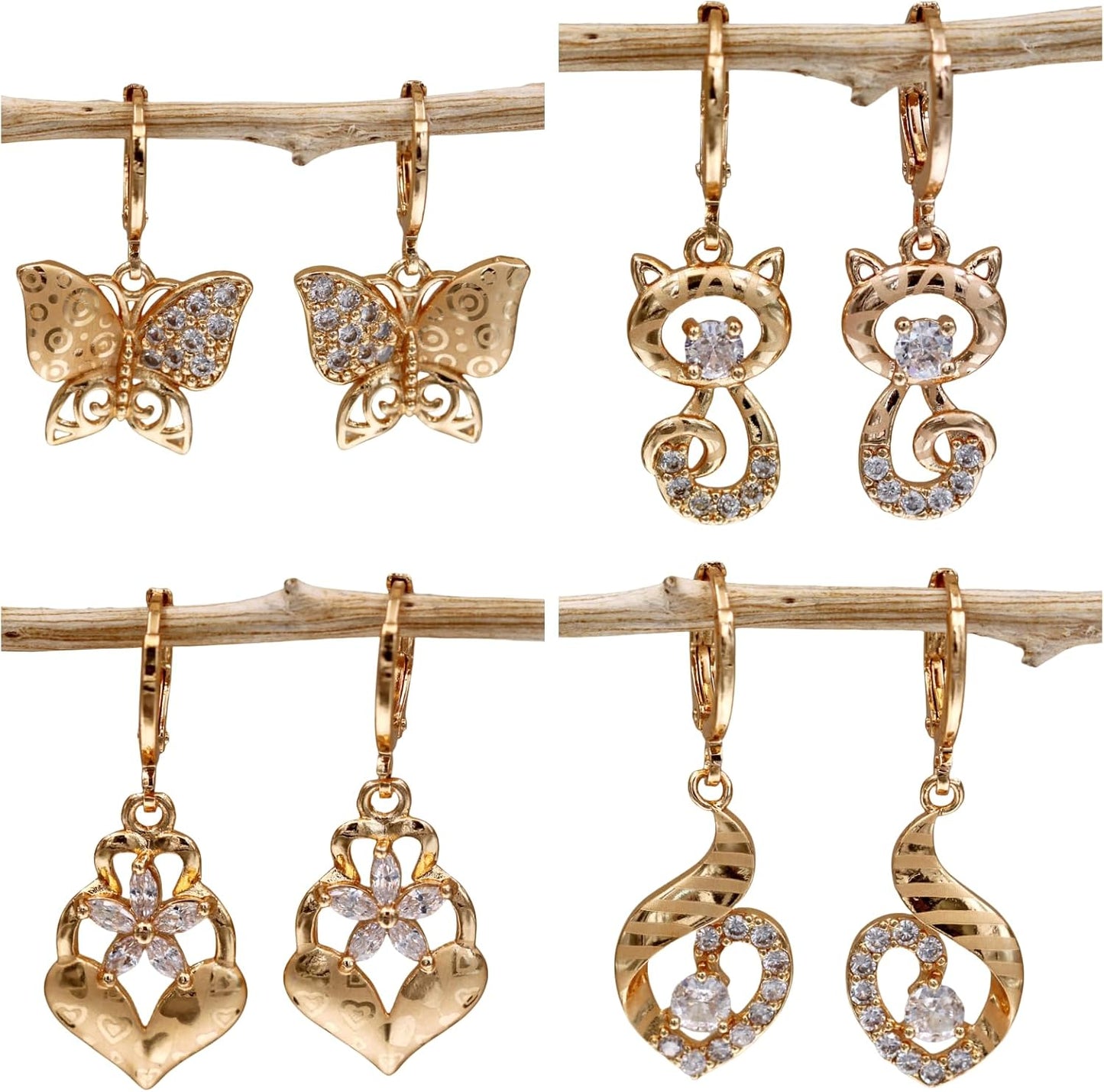 Manufacturer  18K Gold Plated, 4 Pairs Dangle Earrings Set for Women, Flower/Heart/Animal/Pearl Drop earrings, Hypoallergenic Cubic Zirconia Earrings, Lightweight, Party, gold earrings, Jewelry for Gifts, Fashion  earring