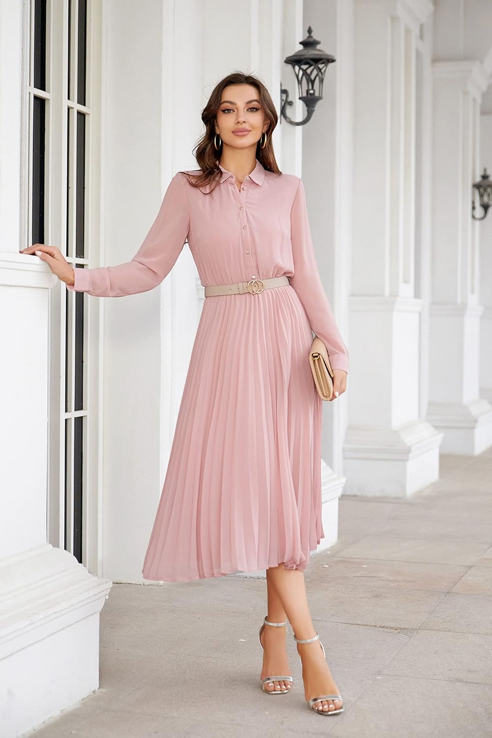 Manufacturer  Business Casual Shirt Dress for Women Long Sleeves Pleated Midi Dresses with Belt dresses