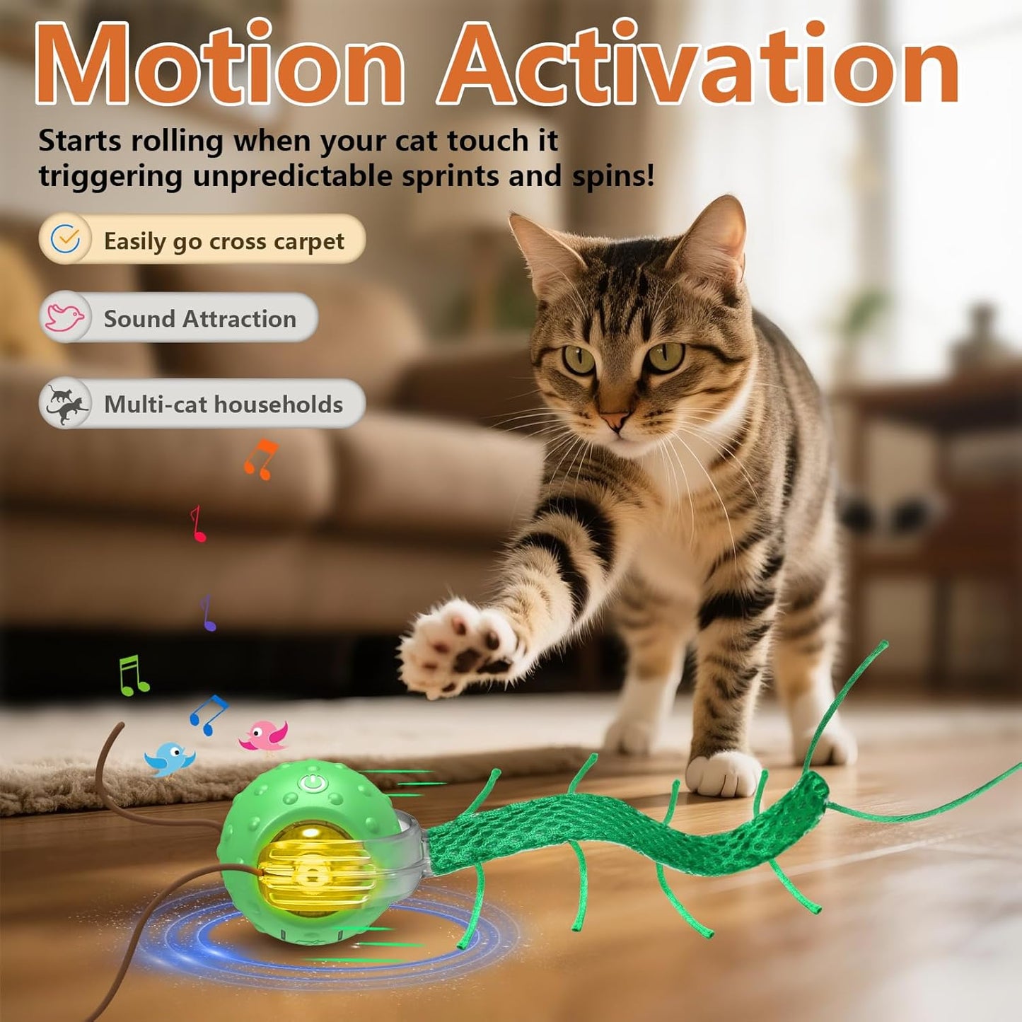 Manufacturer  Interactive Cat Toys for Bored Cats, with Chirping, Centipede Motion Wake-up Super Motor Cat Ball on Rug    Cat toy