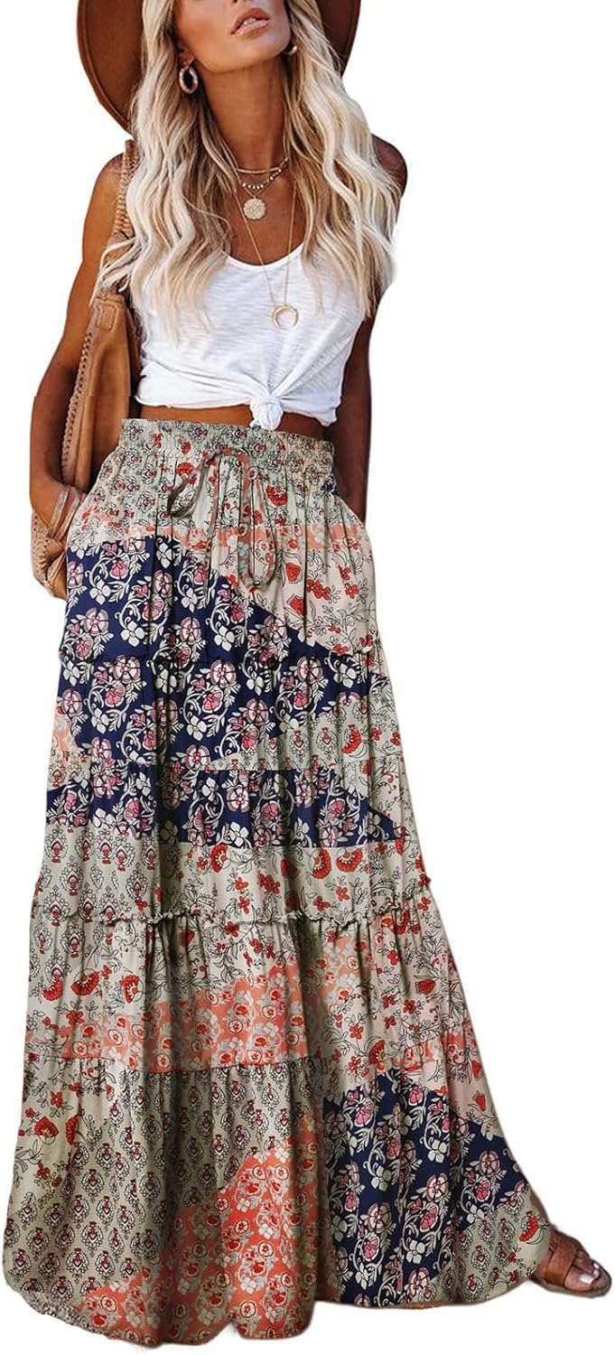 Manufacturer  EARKOHA Womens Casual High Waist Tie Paisley Print Long Maxi Skirt with Pockets skirts