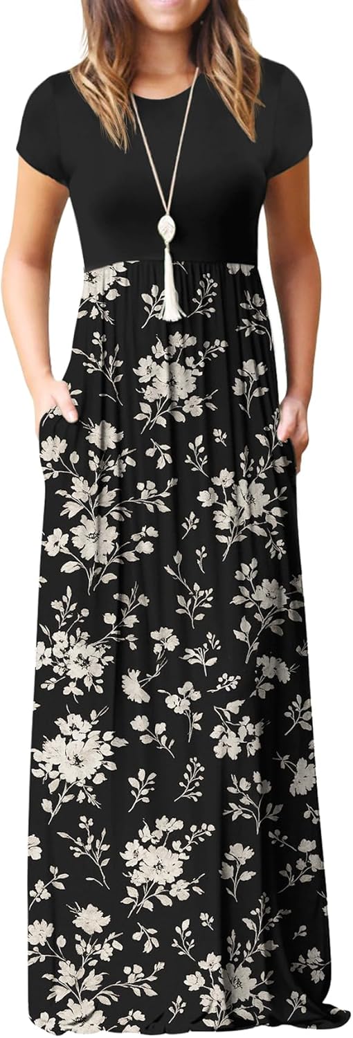 Manufacturer  GRECERELLE Women Summer Crew Neck Casual Short Sleeve Solid Floral Print Long Maxi Dress with Pockets dresses