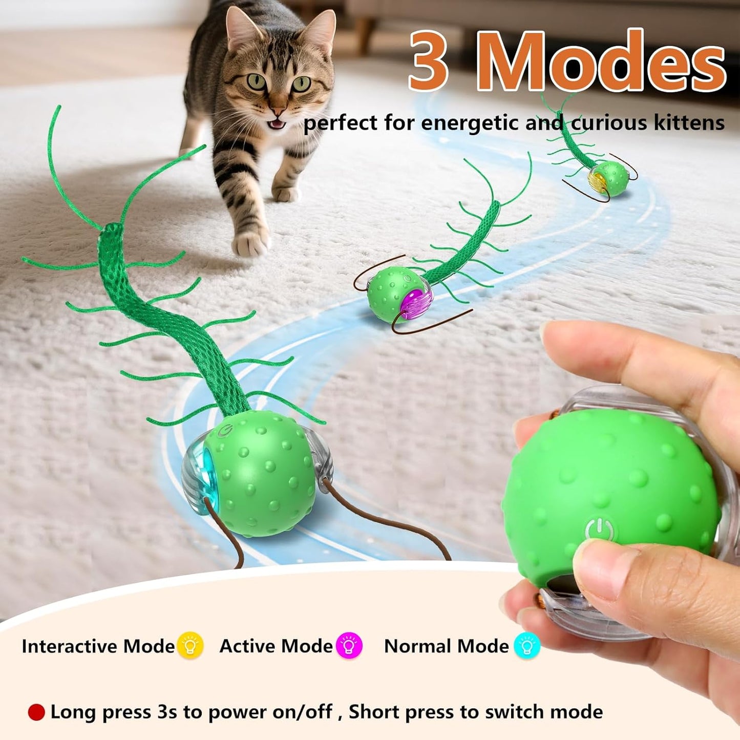 Manufacturer  Interactive Cat Toys for Bored Cats, with Chirping, Centipede Motion Wake-up Super Motor Cat Ball on Rug    Cat toy