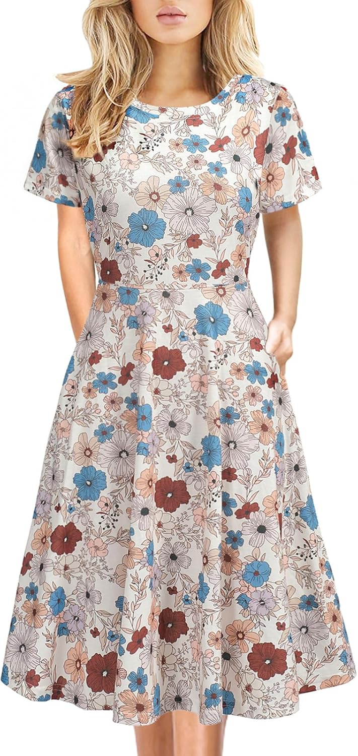 Manufacturer Women's Elegant Knee Length Dresses Vintage 50s Office Casual Floral Print Work Party A-Line Swing Dresses with Pockets 162