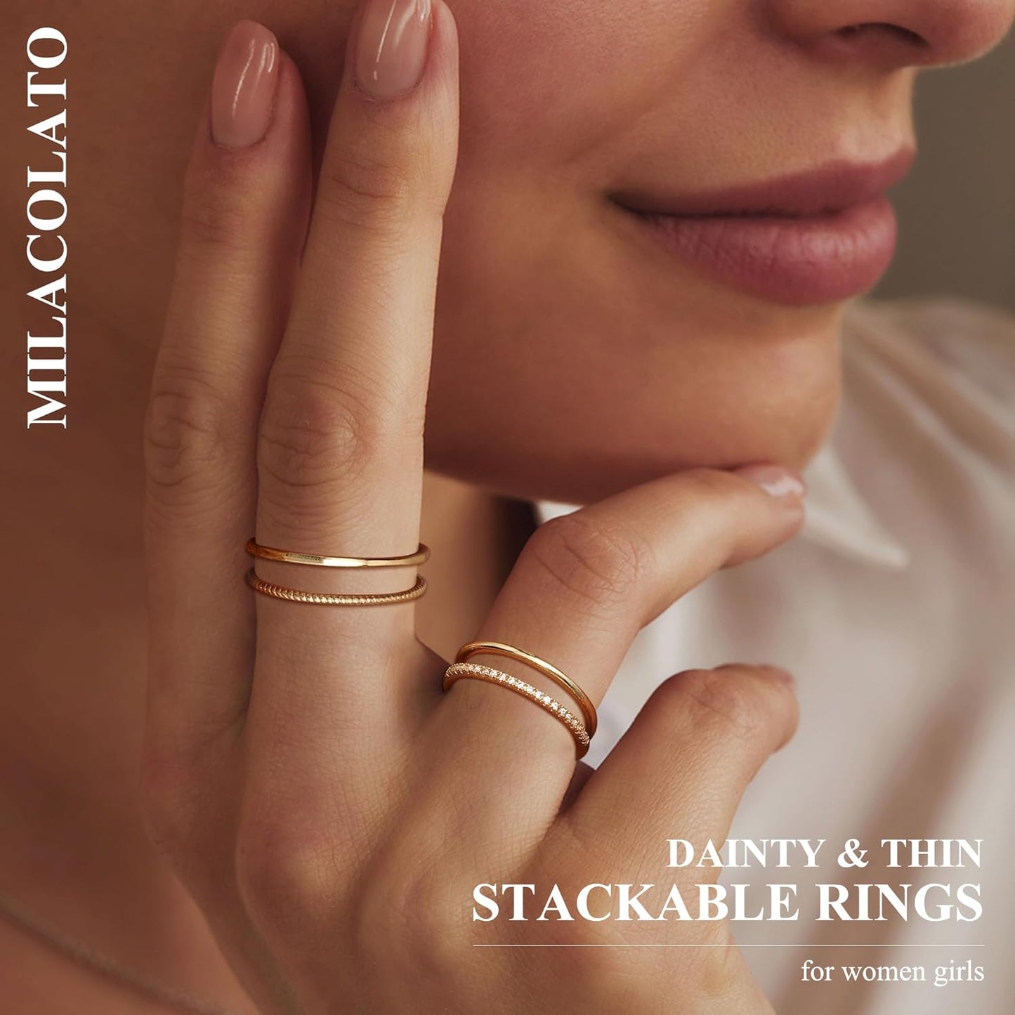 Manufacturer  MILACOLATO 14K Gold Filled 1.3mm Thin Stackable Rings for Women - Minimalist Non Tarnish Half Cubic Zirconia Band Rings - Dainty Trendy Statement Stacking Rings Set Size 5-10   rings