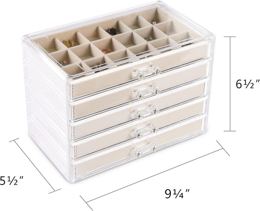 Manufacturer  Frebeauty Acrylic Jewelry Organizer Earring Organizer Box with 5 Drawers Earring Holder Organizer with Velvet Trays Clear Jewelry Box for Women Earring Display for Rings Studs(Beige)   rings