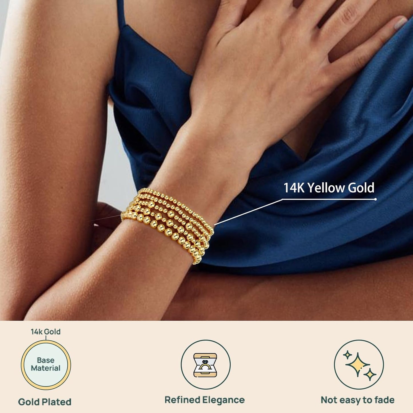 Manufacturer  adoyi Gold Bracelets for Women Waterproof, 14K Gold Plated Beaded Strand Bead Ball Bracelets stack Adjustable Jewelry Set for Gifts  bracelets
