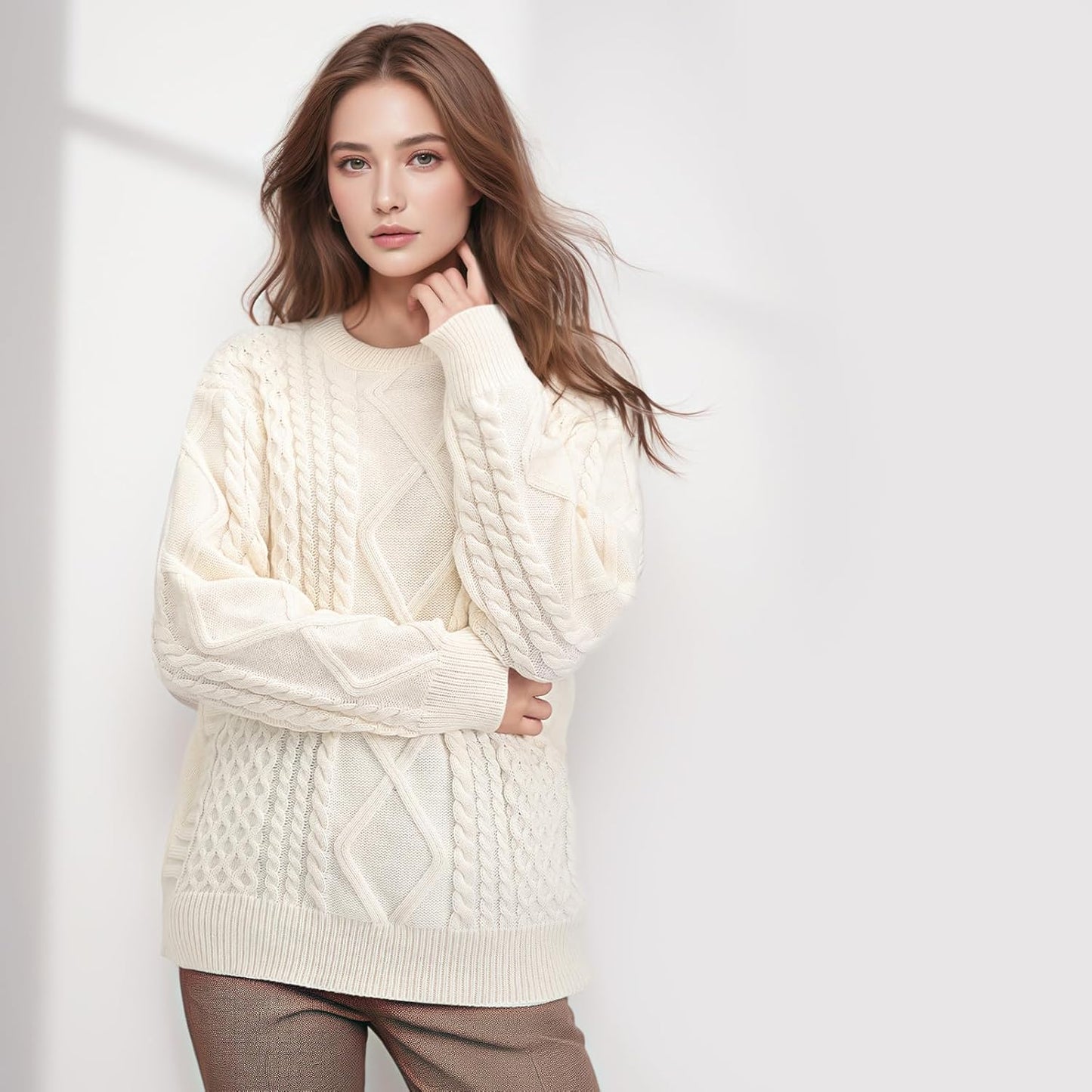 Manufacturer  Pleneal Women Sweater Vintage Pullover Cable Knit Sweater Unisex Woven Crewneck Knitted Tops Beige   sweaters