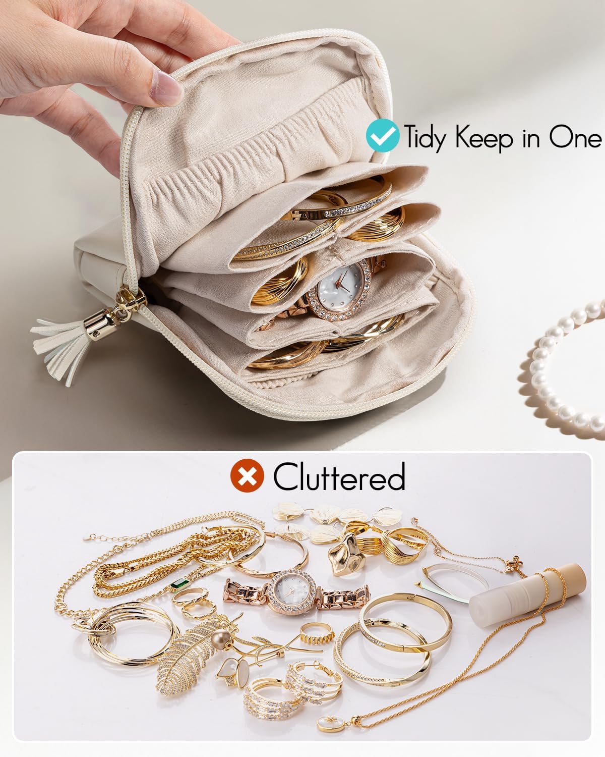 Manufacturer  Vlando Small Travel Jewelry Case,Travel Gifts for Women,Jewelry Pouch Bags with Zipper,Velvet Jewelry Organizer Storage Bag for Bracelet Rings Earring-Cream White   rings