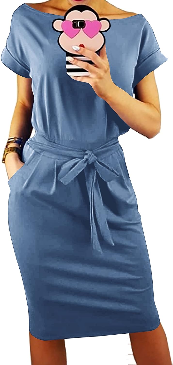 Manufacturer  PRETTYGARDEN Women's Summer Short Sleeve Crewneck Striped Dress Basic Solid Tie Waist Office T Shirt Dresses Pockets dresses