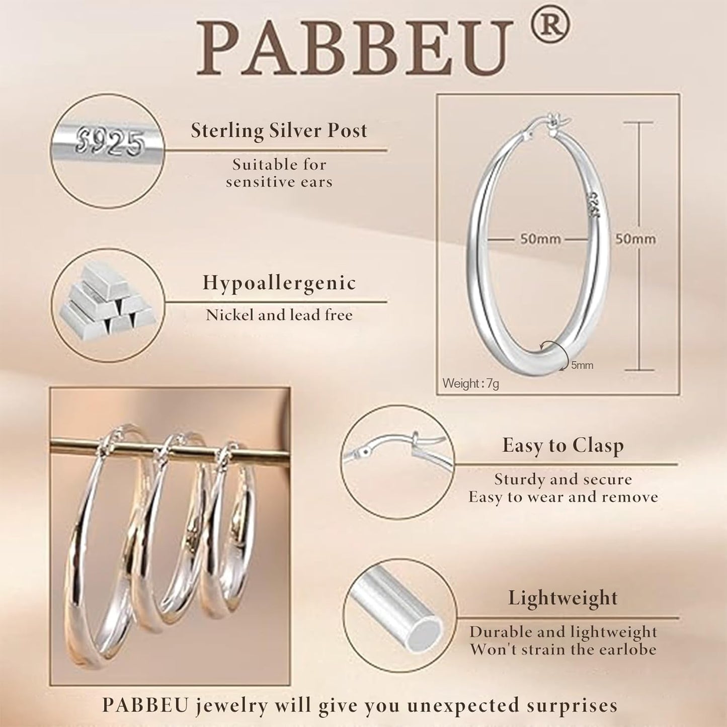 Manufacturer  PABBEU S925 Sterling Silver Hoop Earrings Large Silver Hoop Earrings for Women Hypoallergenic Lightweight Big Thick Silver Hoop Earrings for Women Girls 35/40/50/60/70mm  earring