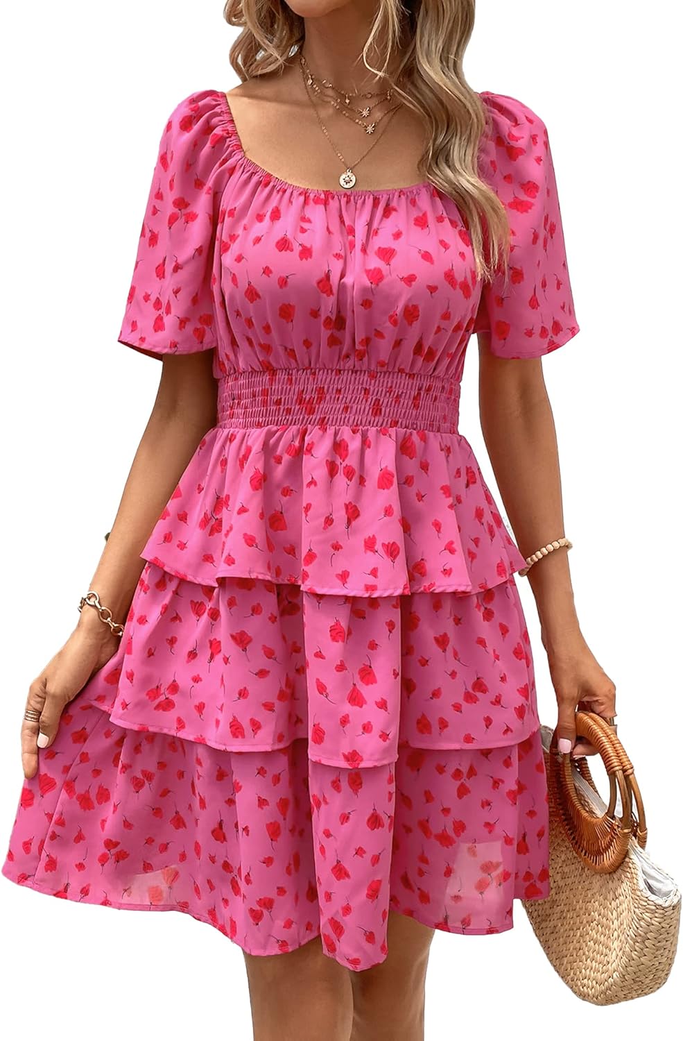 Manufacturer  PRETTYGARDEN Women's  Floral Summer Short Dress Square Neck Short Sleeve Tiered Ruffle Boho Swing Dresses dresses