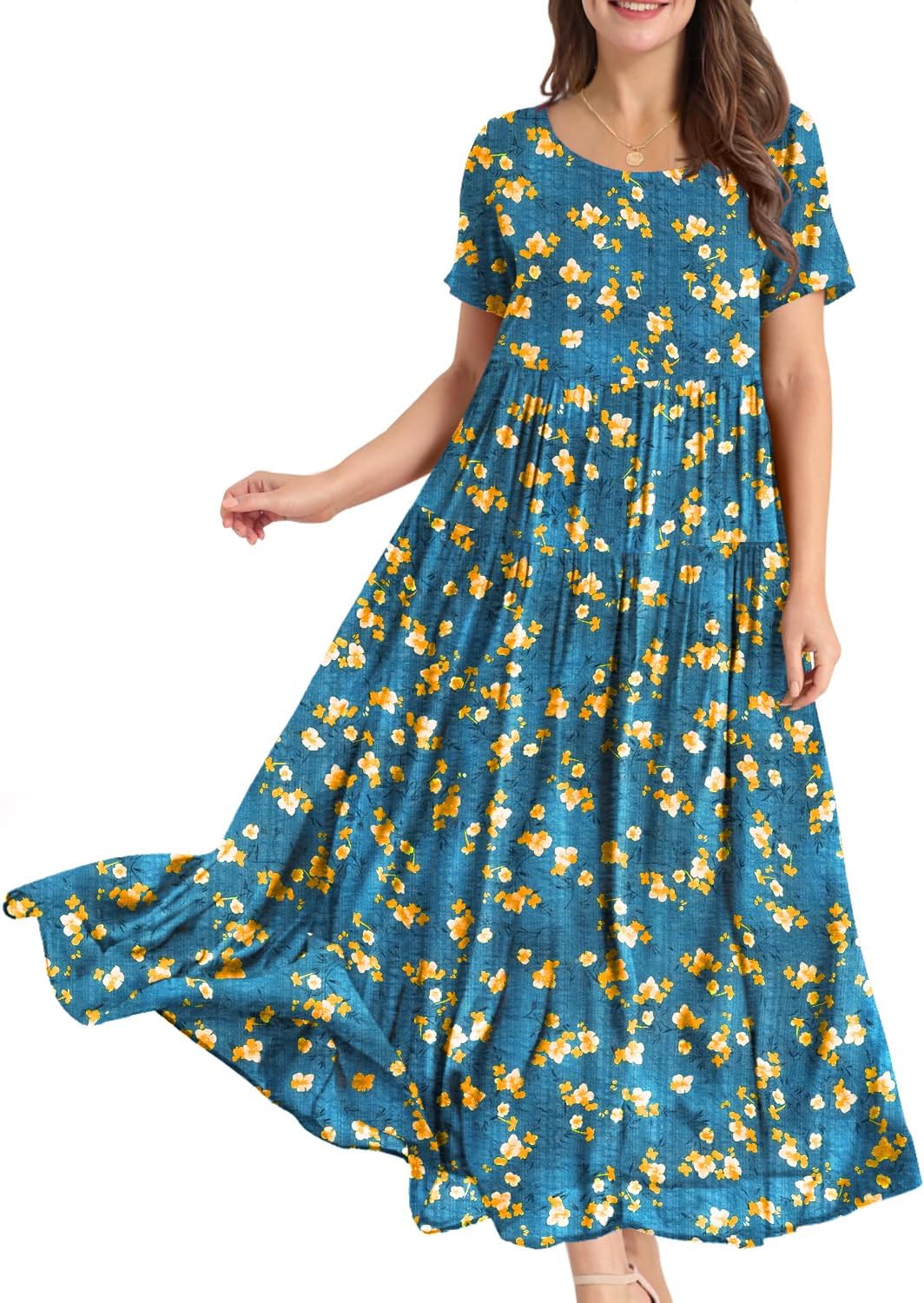 Manufacturer  YESNO Women Casual Loose Bohemian Floral Dress with Pockets Short Sleeve Long Maxi Summer Beach Swing Dress EJF dresses
