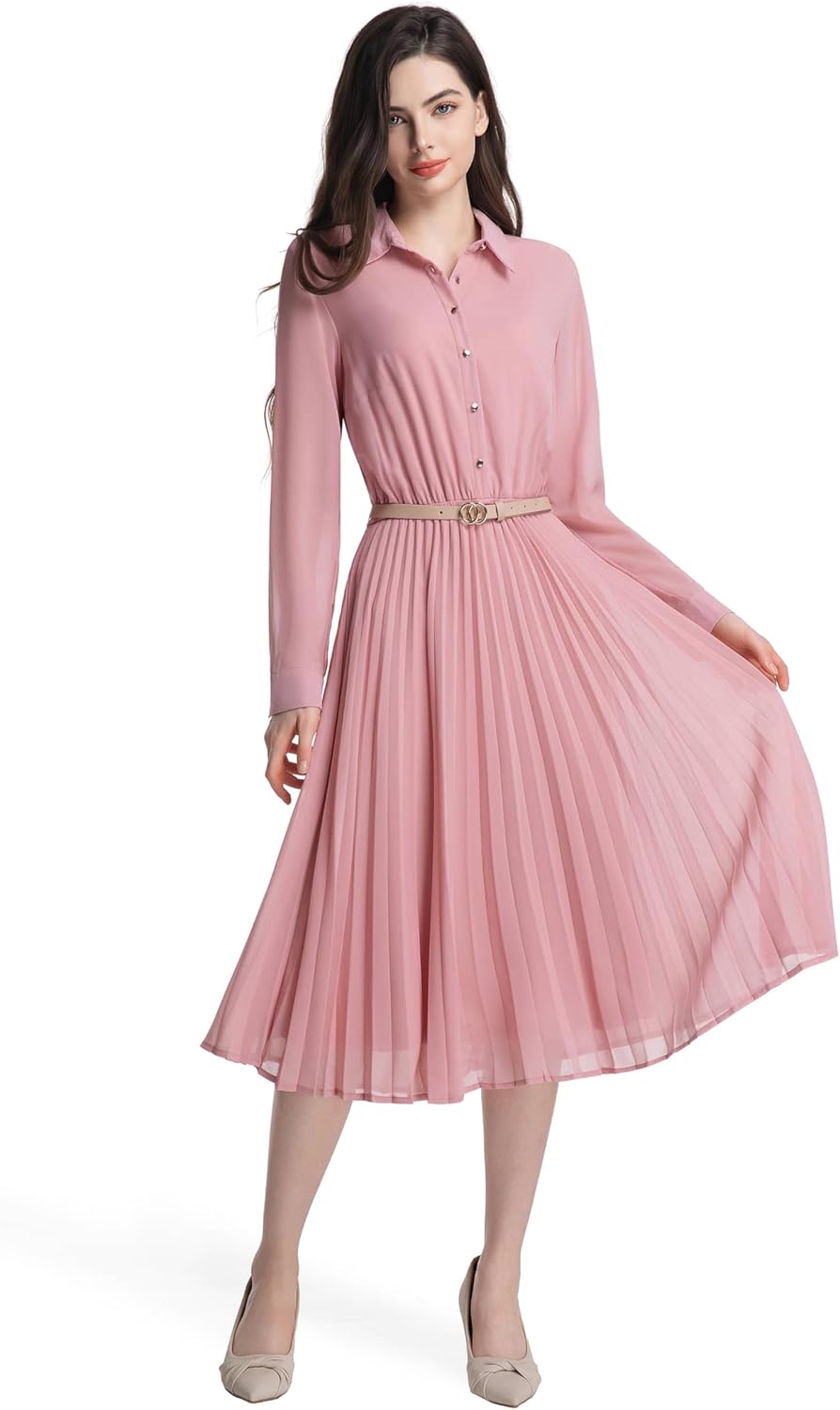 Manufacturer  Business Casual Shirt Dress for Women Long Sleeves Pleated Midi Dresses with Belt dresses