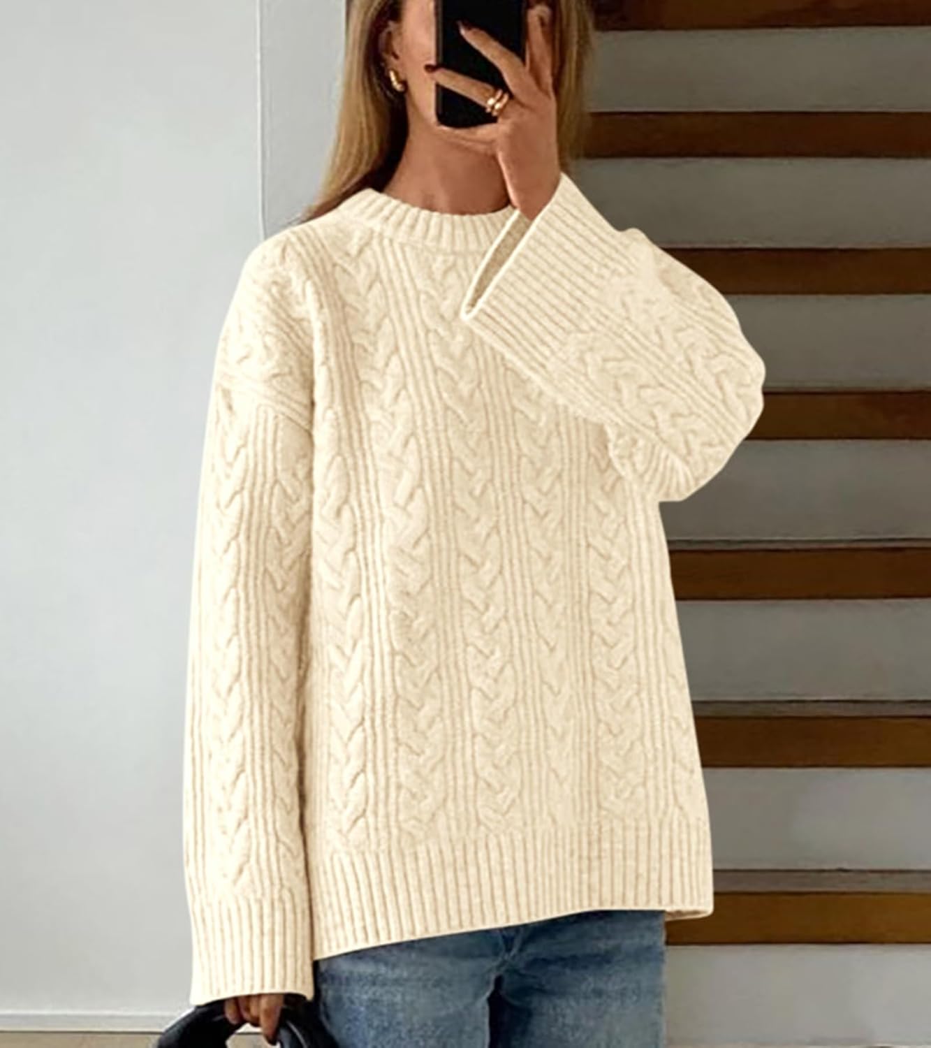 Manufacturer  Okiwam Women's Oversized Sweaters Crewneck Cable Knit Pullover Casual Loose Fall Outfits Fashion Clothes 2025   sweaters
