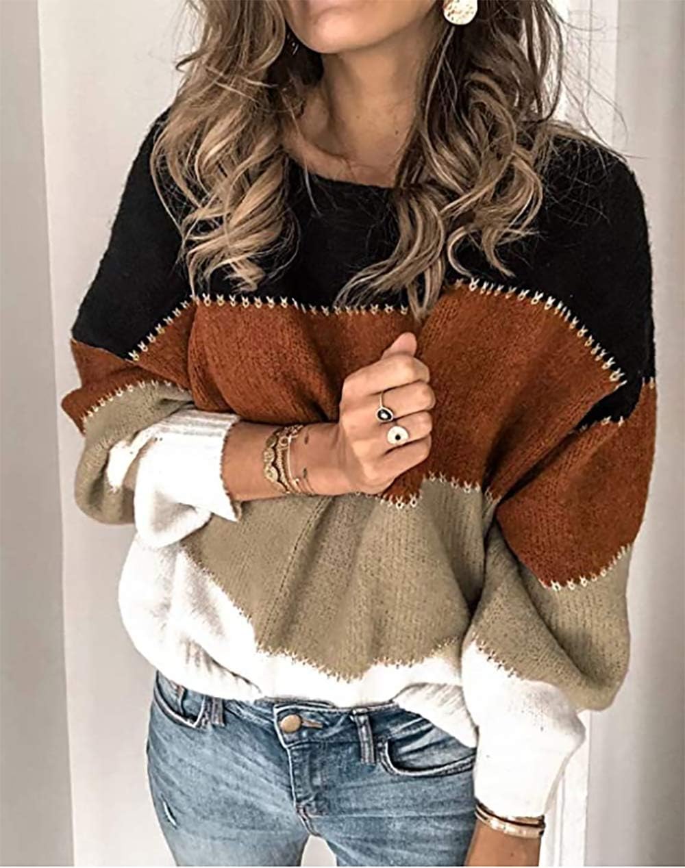 Manufacturer  Necooer Womens Sweater Pullover Casual Long Sleeve Crewneck Color Block Pullover Knit Sweater for Women   sweaters