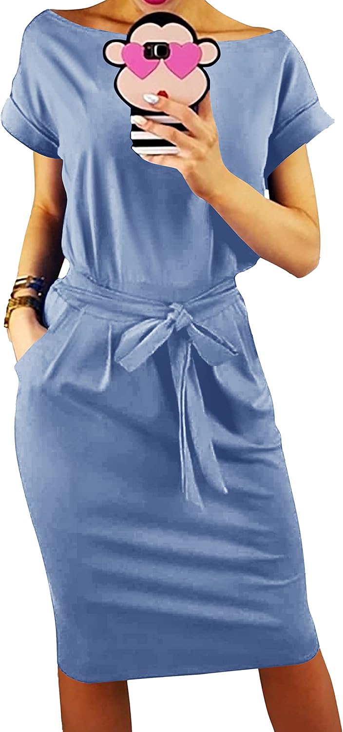 Manufacturer  PRETTYGARDEN Women's Summer Short Sleeve Crewneck Striped Dress Basic Solid Tie Waist Office T Shirt Dresses Pockets dresses