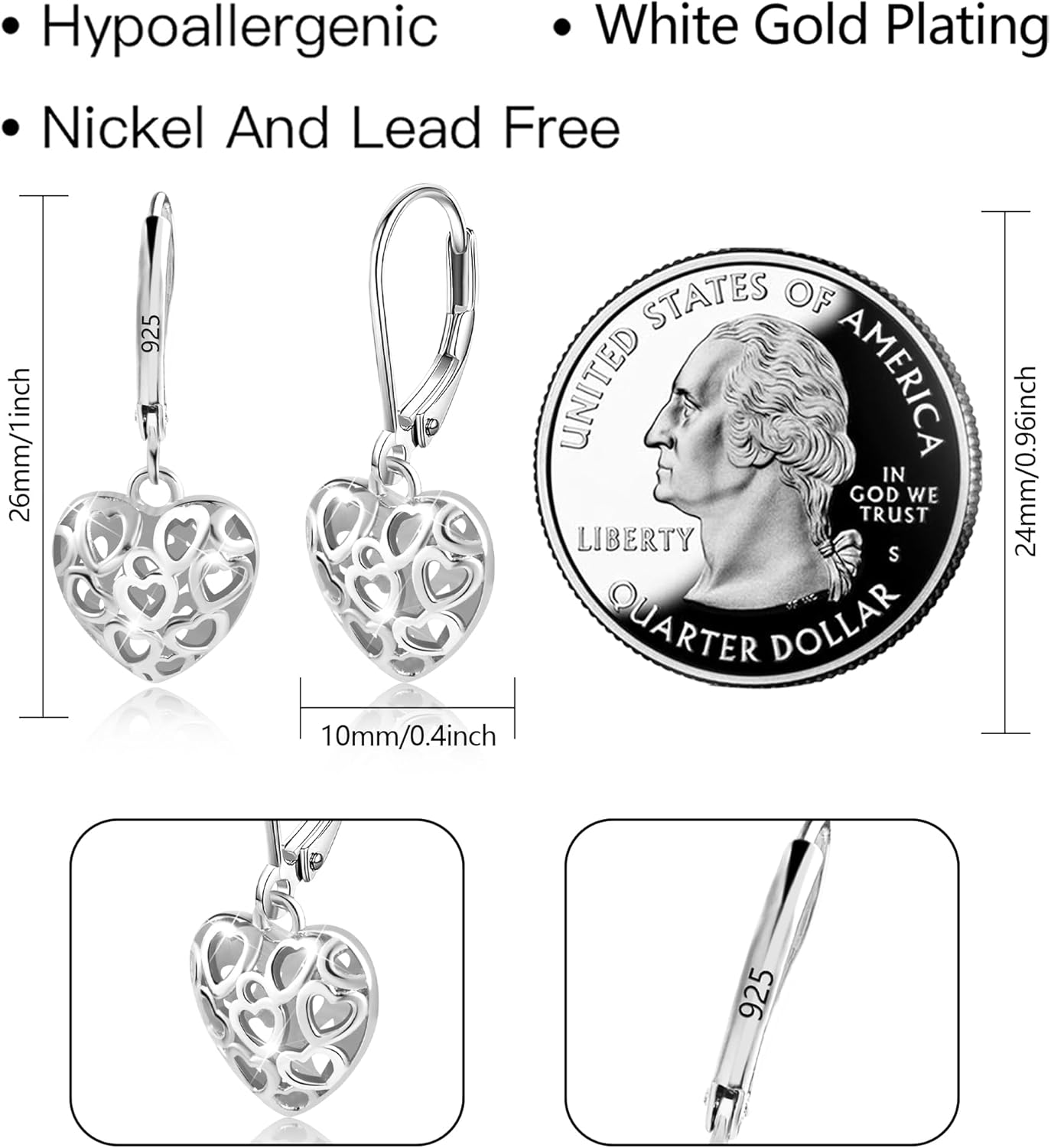 Manufacturer  925 Sterling Silver 14K Gold French Style Leverback Earrings, Heart Dangle Drop Earrings for Women Hypoallergenic Jewelry  earring