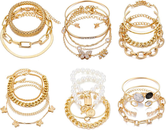 Manufacturer  IFKM 6 PACK (24 PCS) Boho Gold Chain Bracelets Set for Women, 14K Gold Plated Multiple Layered Stackable Open Cuff Wrap Bangle Adjustable Link Italian Cuban Jewelry for Women Gift  bracelets
