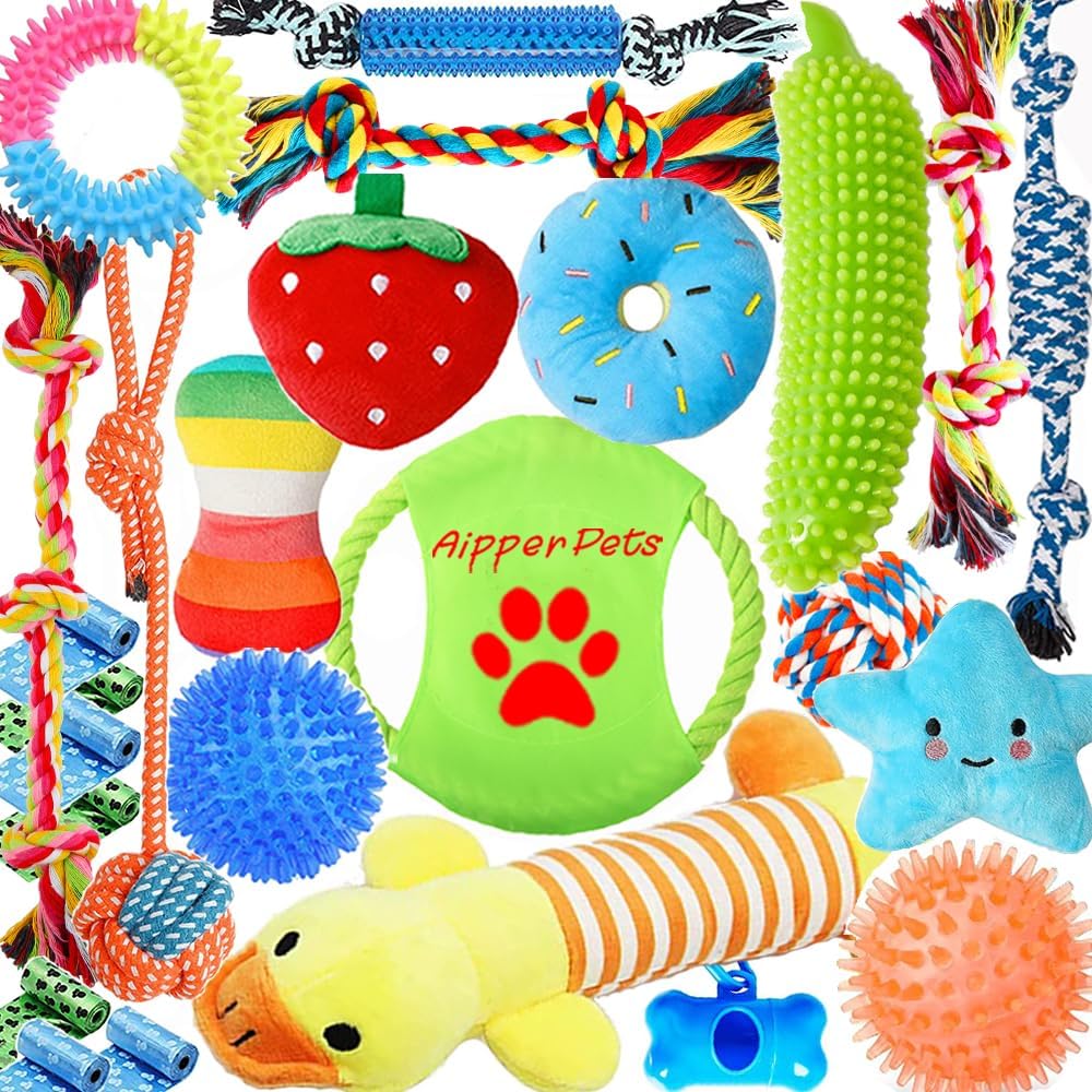 Manufacturer   Dog Toys 25 Pack for Fun and Teeth Cleaning, Puppy Chew Toys Pack with Squeak Plush Toy,Squeaky Toy Balls,Tug of War and Rope Toys for Puppy to Small Dogs    Dog toy