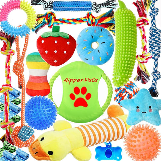 Manufacturer   Dog Toys 25 Pack for Fun and Teeth Cleaning, Puppy Chew Toys Pack with Squeak Plush Toy,Squeaky Toy Balls,Tug of War and Rope Toys for Puppy to Small Dogs    Dog toy