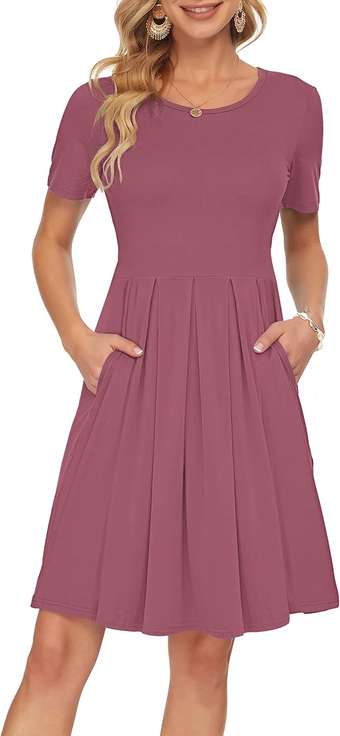 Manufacturer  AUSELILY Women's Short Sleeve Summer Dress Pleated Loose Swing Knee Length Dresses with Pockets  New dresses