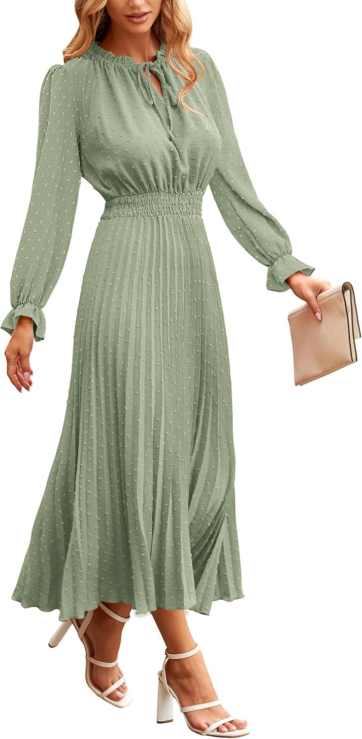 Manufacturer PRETTYGARDEN Women's  Spring Fall Midi Dress Casual Long Sleeve V Neck Swiss Dot Pleated A Line Flowy Dresses