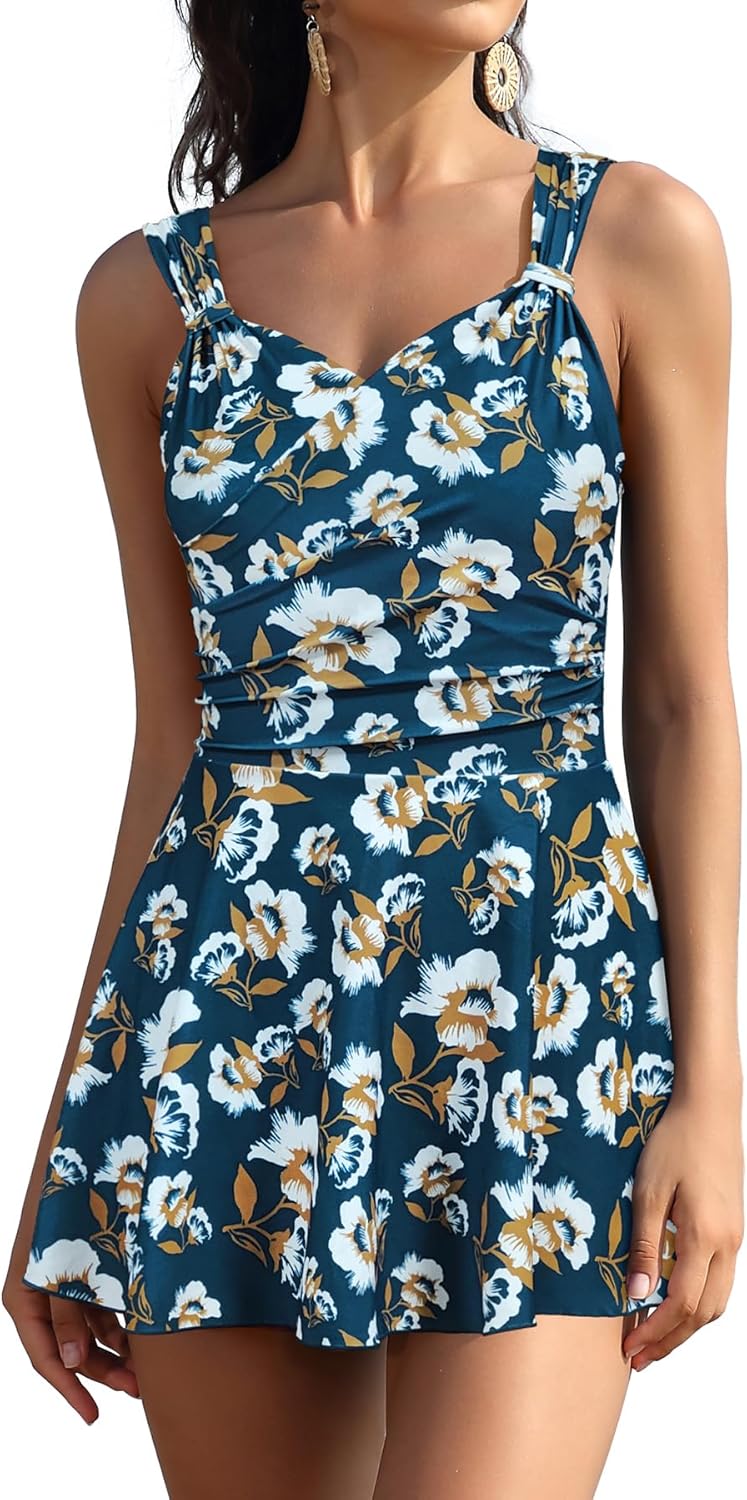 Manufacturer  SHEKINI Womens Elegant One Piece Swimdress Tummy Control Crossover Skirted Swimsuit  Swimsuit