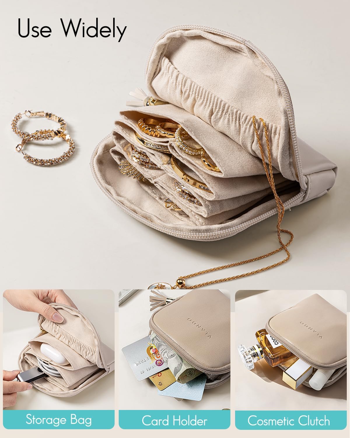 Manufacturer  Vlando Small Travel Jewelry Case,Travel Gifts for Women,Jewelry Pouch Bags with Zipper,Velvet Jewelry Organizer Storage Bag for Bracelet Rings Earring-Cream White   rings