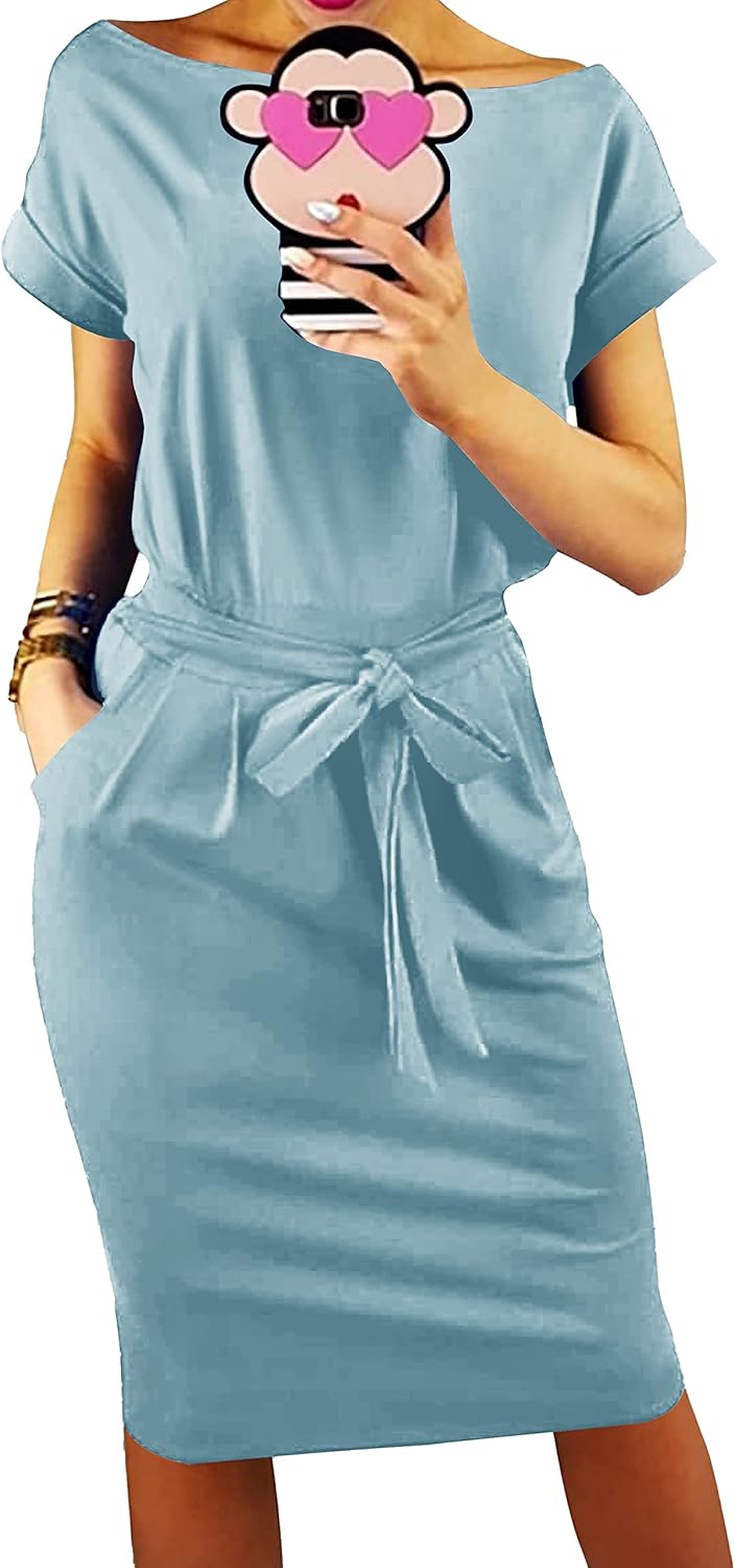 Manufacturer  PRETTYGARDEN Women's Summer Short Sleeve Crewneck Striped Dress Basic Solid Tie Waist Office T Shirt Dresses Pockets dresses