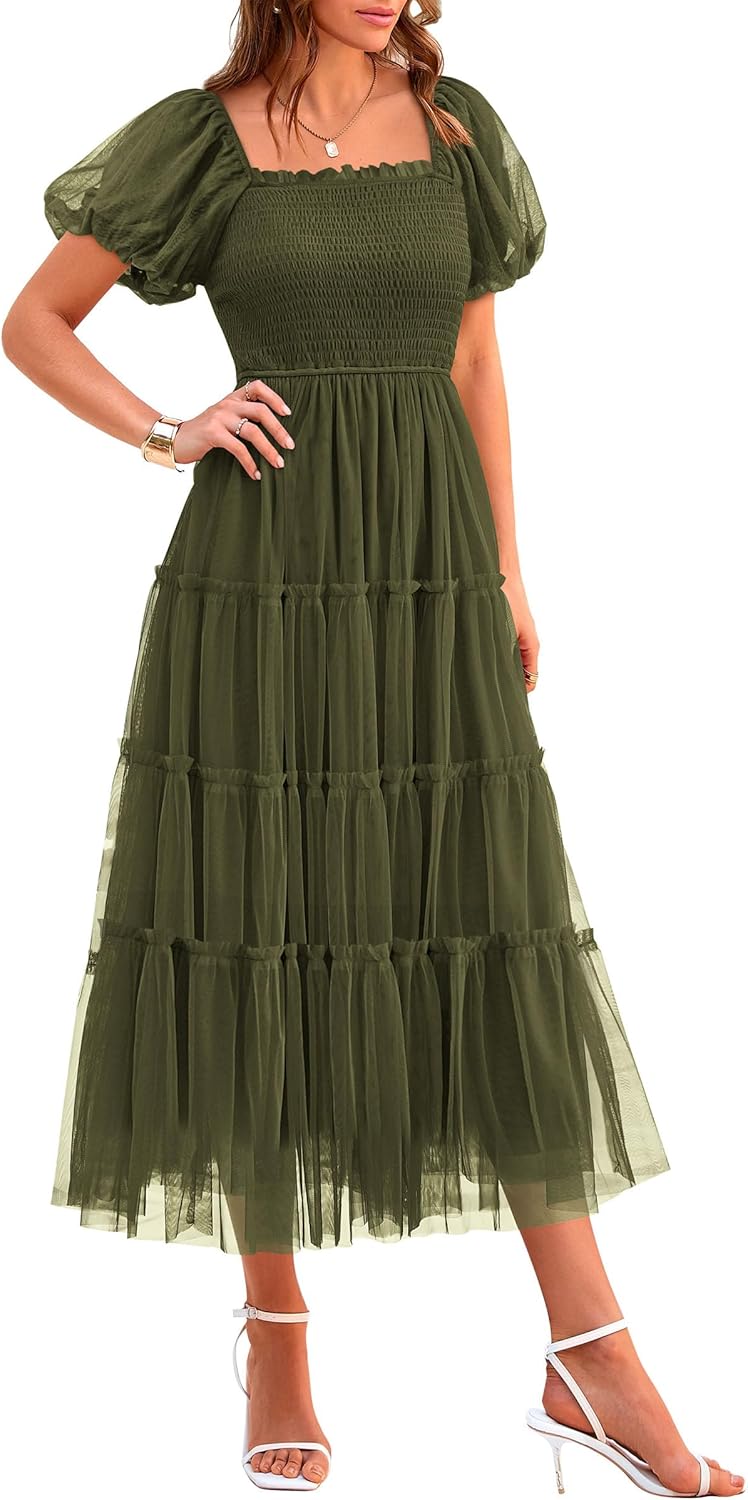 Manufacturer  PRETTYGARDEN Women's Smocked Midi Tulle Dress 2025 Summer Puffy Short Sleeve Square Neck Ruffle Wedding Guest Party Dresses dresses
