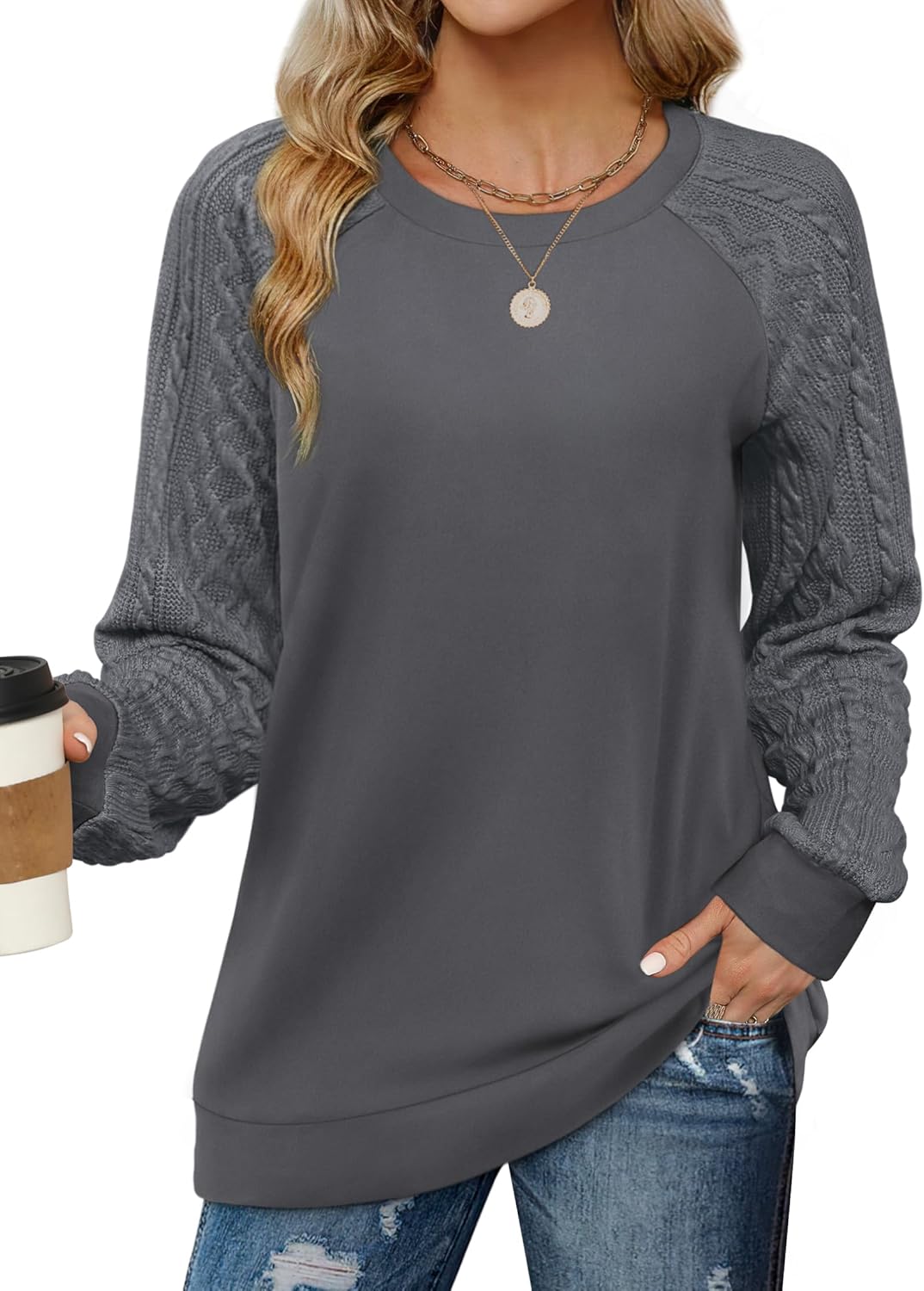 Manufacturer  Saloogoe Sweatshirts for Women Crewneck Cable Knit Sleeve Sweaters Lightweight Fashion   sweaters