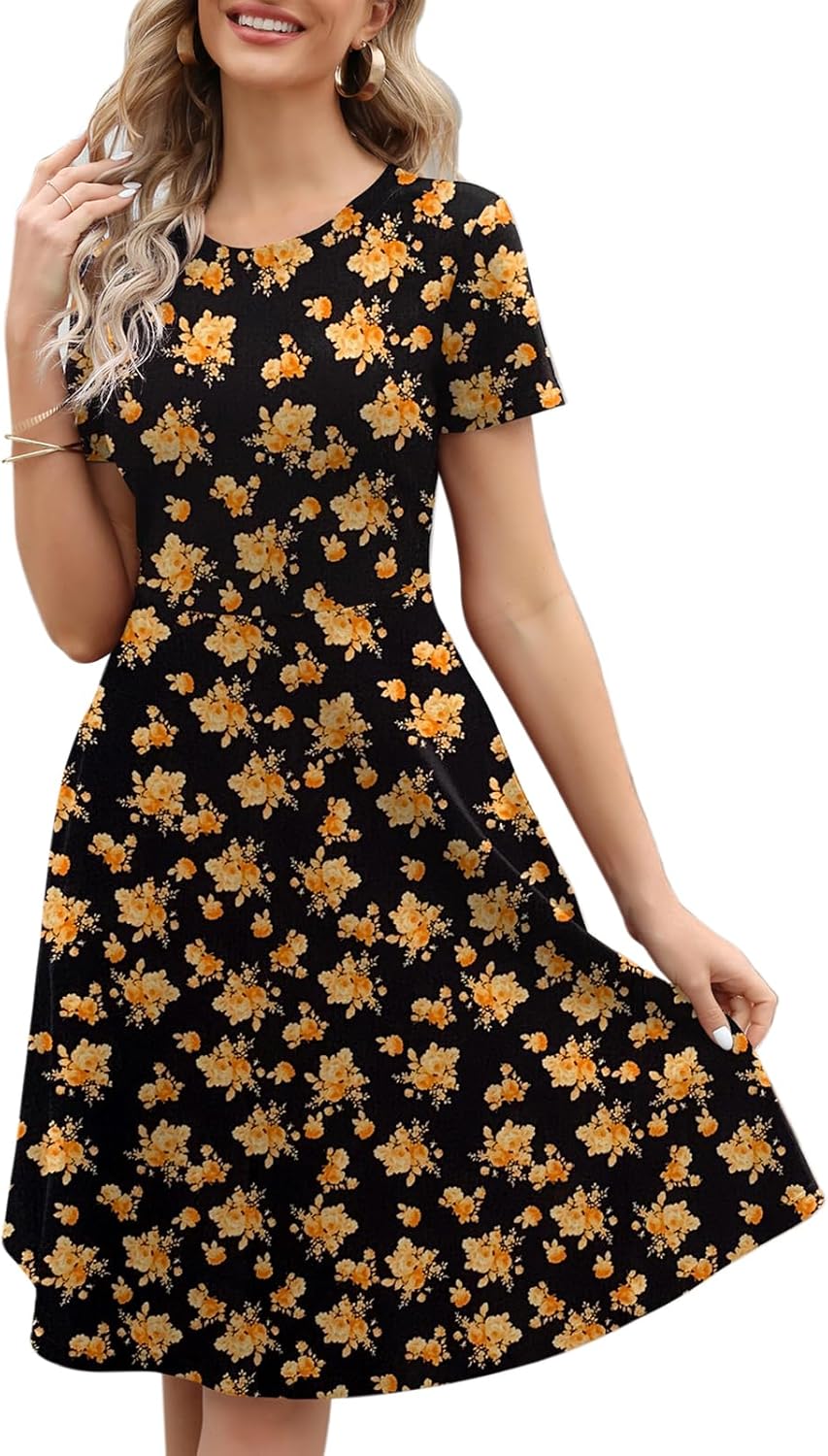 Manufacturer Women's Elegant Knee Length Dresses Vintage 50s Office Casual Floral Print Work Party A-Line Swing Dresses with Pockets 162