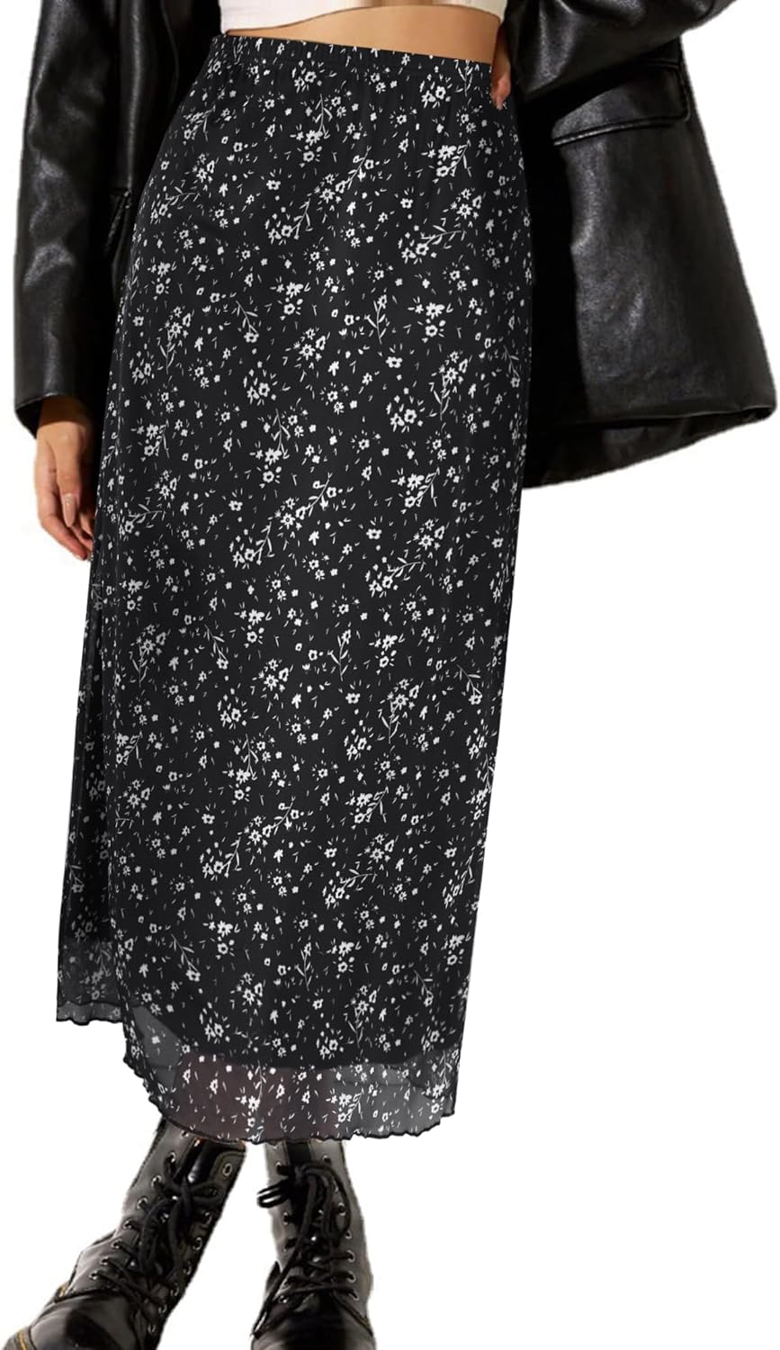 Manufacturer  Avanova Women Mesh Floral Boho High Waist Midi Skirt Lettuce Trim Summer A Line Skirts