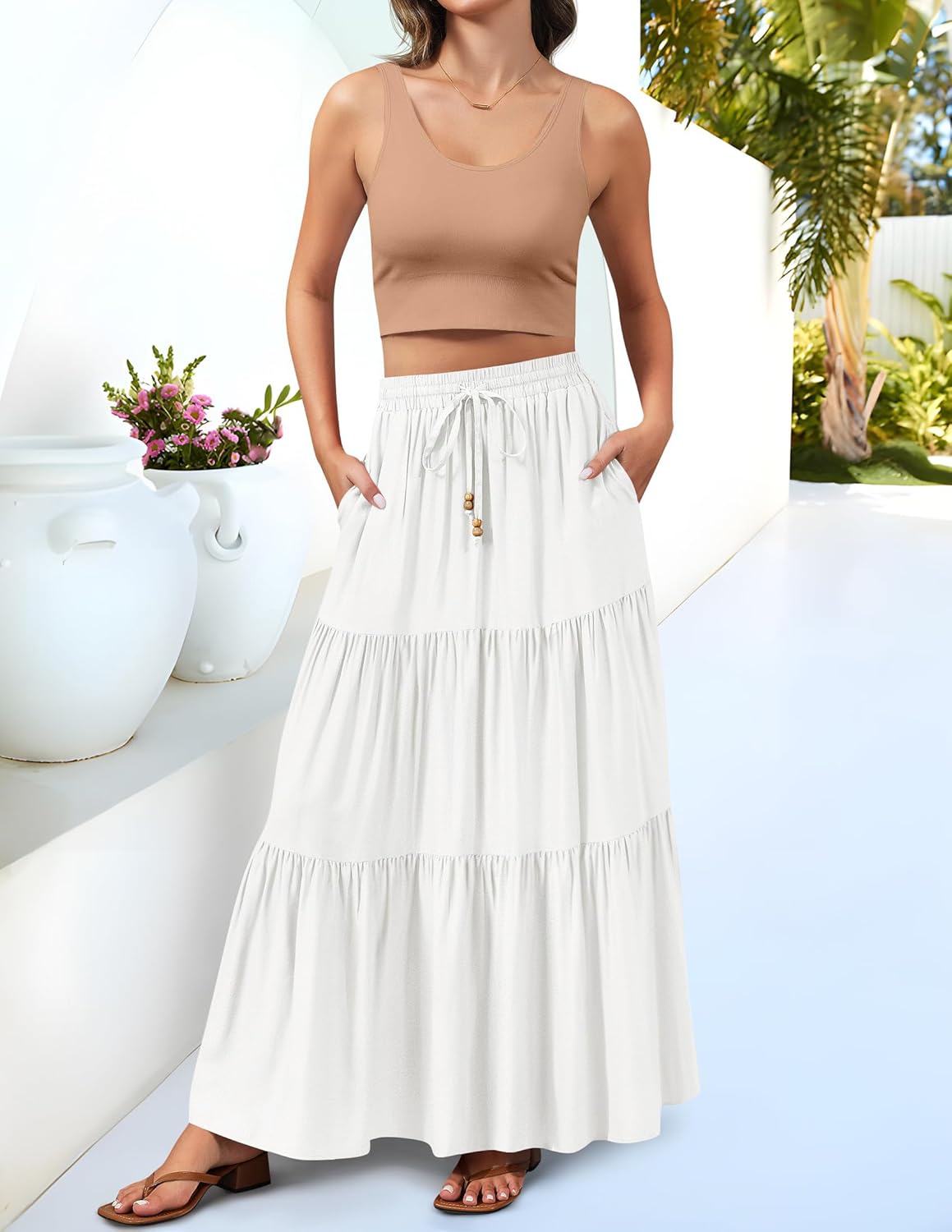 Manufacturer  HAEOF Women's Summer Boho Maxi Skirt A-Line Flowy Ruffle Tiered Elastic High Waist Beach Long Skirts with Pockets