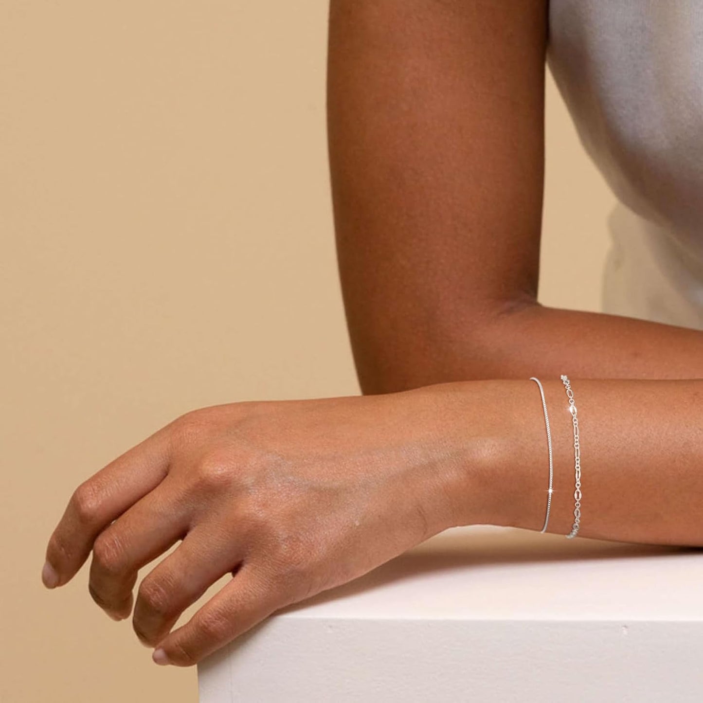 Manufacturer  MBW Silver Bracelet Set - Dainty 14K Silver Bracelets, Waterproof, Trendy Minimalist, Small Thin Bracelets for Women, Gift  bracelets
