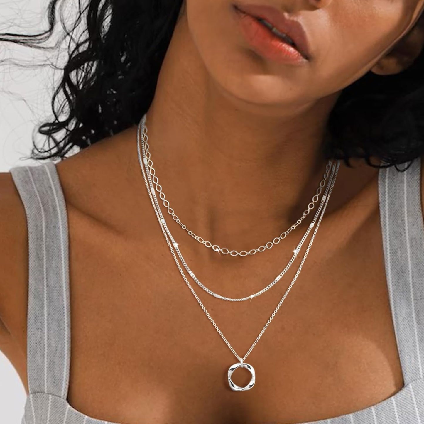 Manufacturer  Layered Silver Necklaces for Women, Sterling Silver Stackable Stack Choker Necklaces for Women Trendy Layering Circle Pendant Chain Necklace Set Jewelry for Women  Necklace