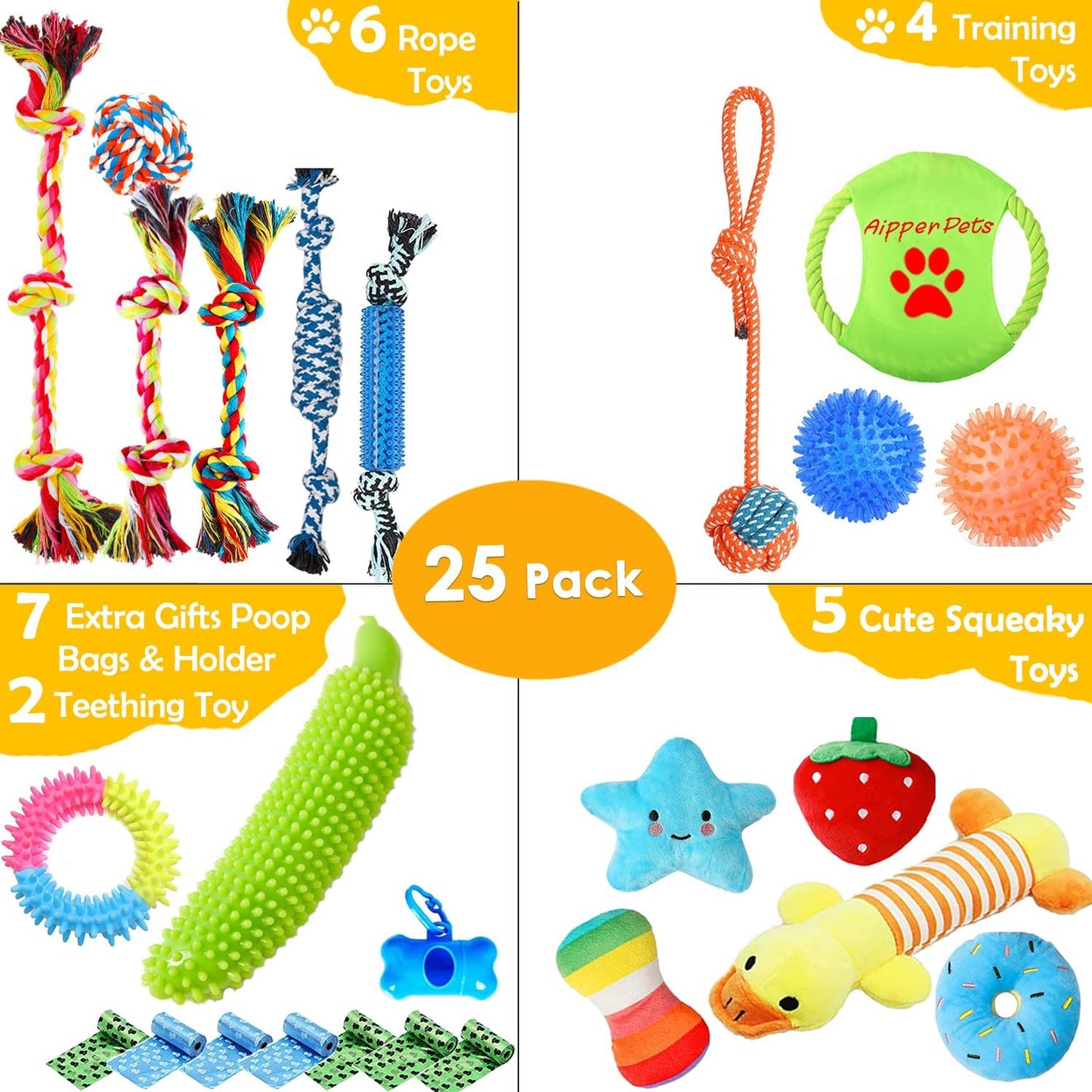 Manufacturer   Dog Toys 25 Pack for Fun and Teeth Cleaning, Puppy Chew Toys Pack with Squeak Plush Toy,Squeaky Toy Balls,Tug of War and Rope Toys for Puppy to Small Dogs    Dog toy