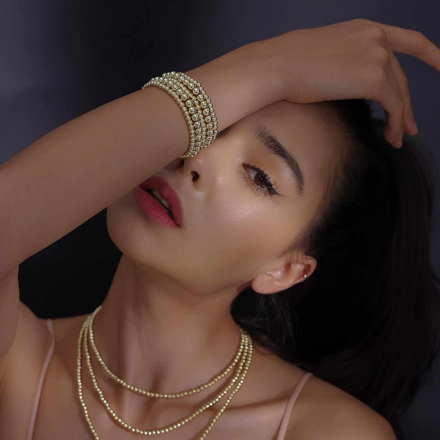 Manufacturer  Badu Gold Plate Bead Bracelet for Women 14K Gold Plated Bead Ball Bracelet Stretchable Elastic Hypoallergenic Bohemian Stackable  bracelets