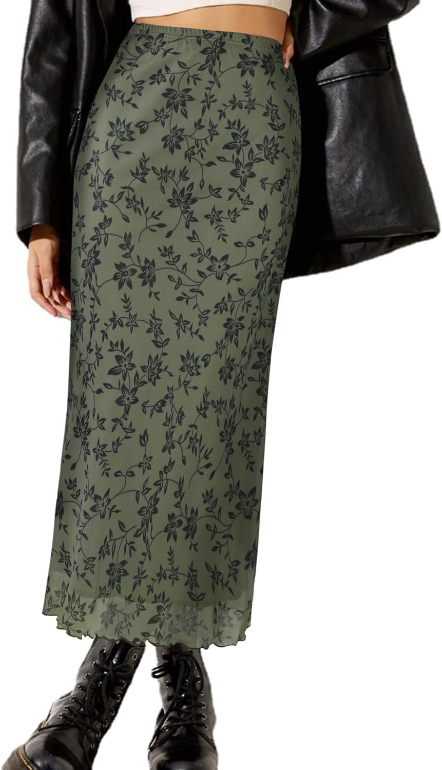 Manufacturer  Avanova Women Mesh Floral Boho High Waist Midi Skirt Lettuce Trim Summer A Line Skirts