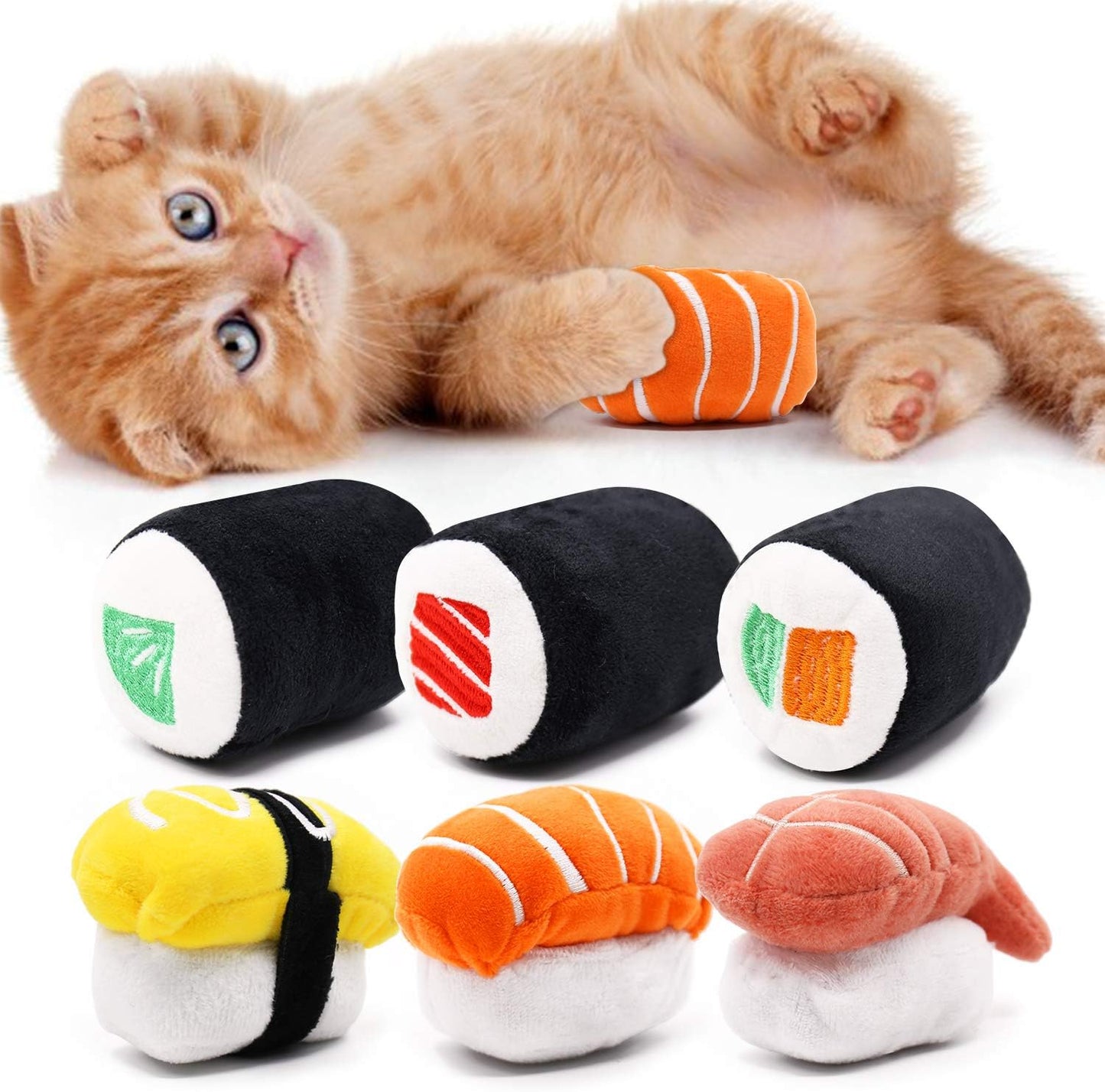Manufacturer  CiyvoLyeen 6 Pack Sushi Cat Toys with Catnip Sushi Roll Pillow Kitten Chew Bite Supplies Boredom Relief Fluffy Kitty Teeth Cleaning Chewing Cat Lovers Interactive Plush    Cat toy