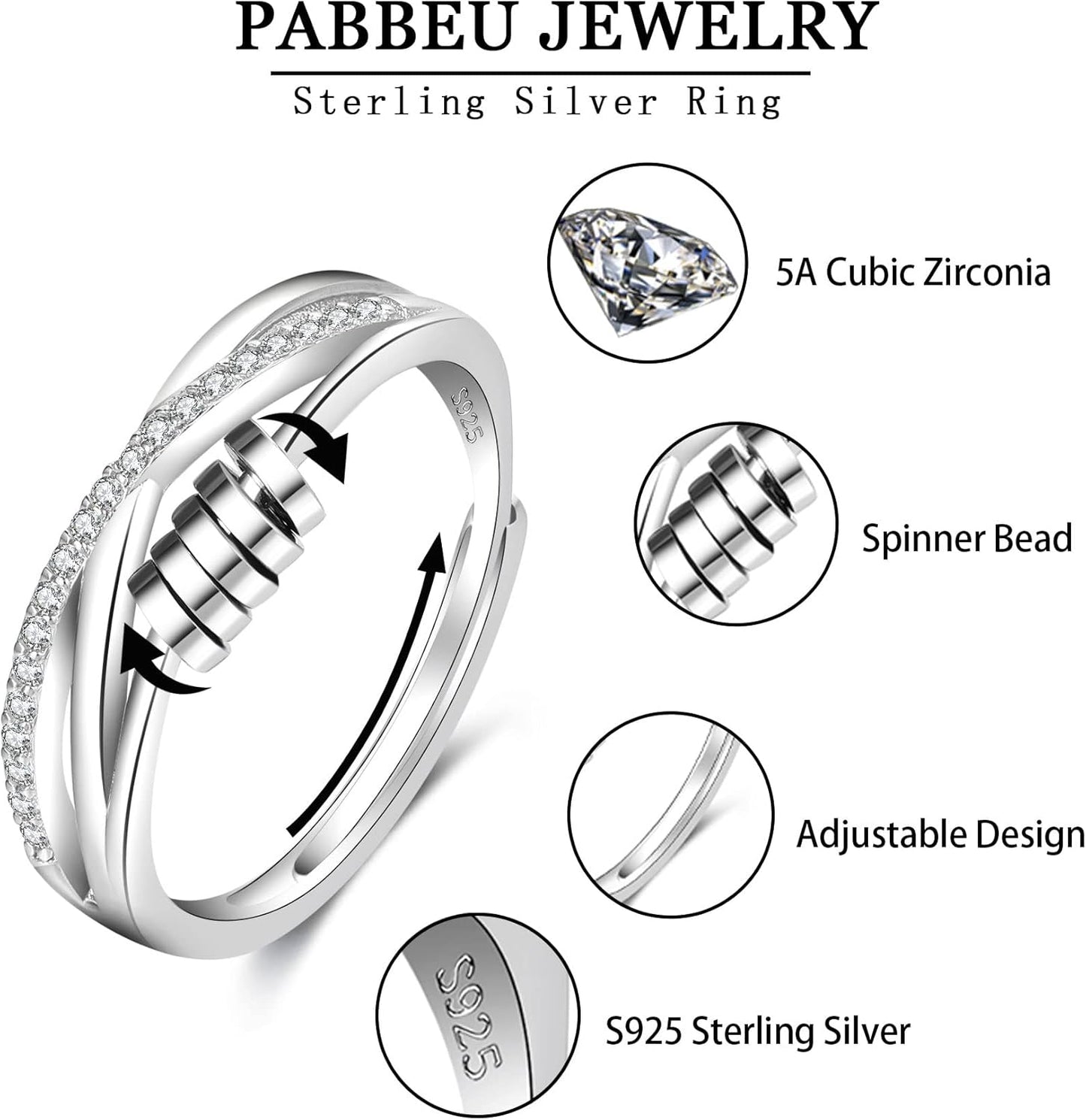 Manufacturer  PABBEU Anxiety Ring for Women 925 Sterling Silver Fidget Ring With Cubic Zircon Adjustable Stress Spinner Anxiety Ring for Women   rings