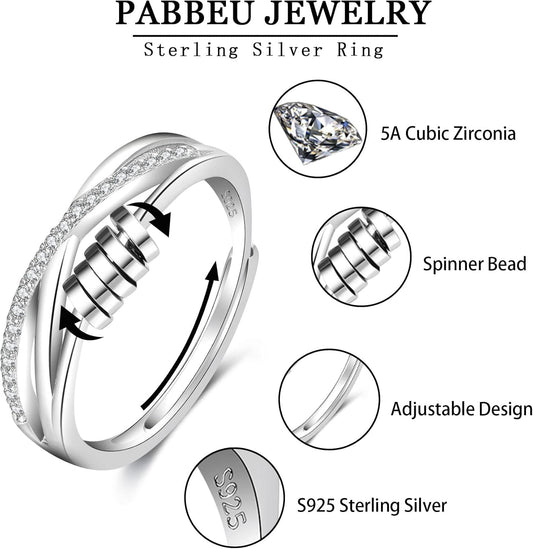 Manufacturer  PABBEU Anxiety Ring for Women 925 Sterling Silver Fidget Ring With Cubic Zircon Adjustable Stress Spinner Anxiety Ring for Women   rings