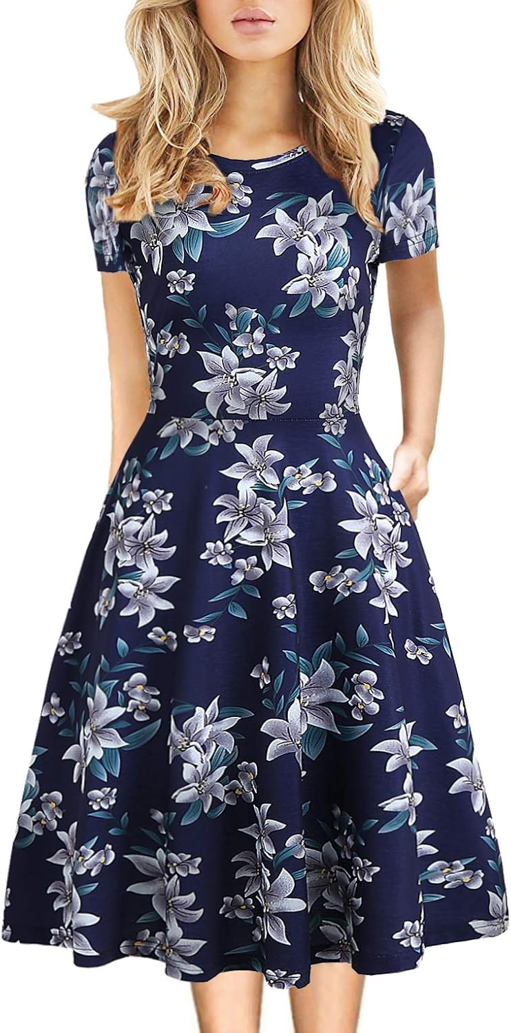 Manufacturer Women's Elegant Knee Length Dresses Vintage 50s Office Casual Floral Print Work Party A-Line Swing Dresses with Pockets 162