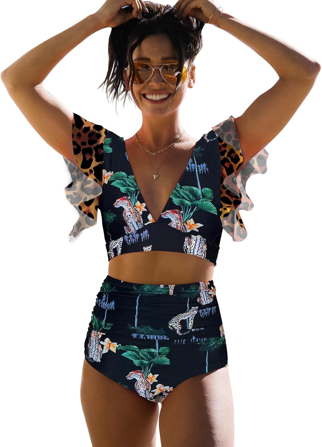 Manufacturer  SPORLIKE Women Ruffle High Waist Swimsuit Two Pieces Push Up Tropical Print Bikini  Swimsuit
