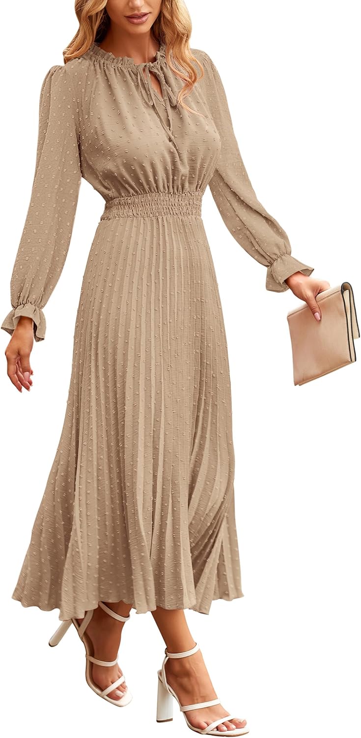 Manufacturer PRETTYGARDEN Women's  Spring Fall Midi Dress Casual Long Sleeve V Neck Swiss Dot Pleated A Line Flowy Dresses