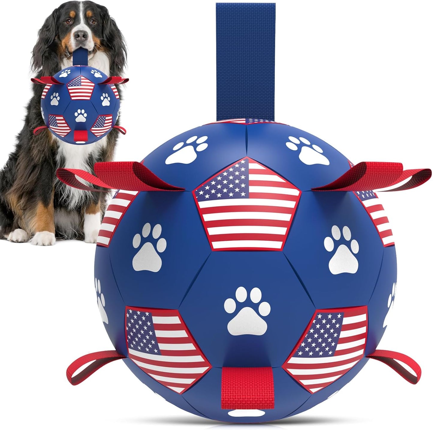 Manufacturer   QDAN Premium Dog Toys Balls, Dog Soccer Ball with Straps, Dog Birthday Gifts, Herding Ball, Durable Balls for Small Medium Pet, Puppy Outdoor Toy, Pet Training Soccer Ball, World Cup Soccer (6 Inch)    Dog toy